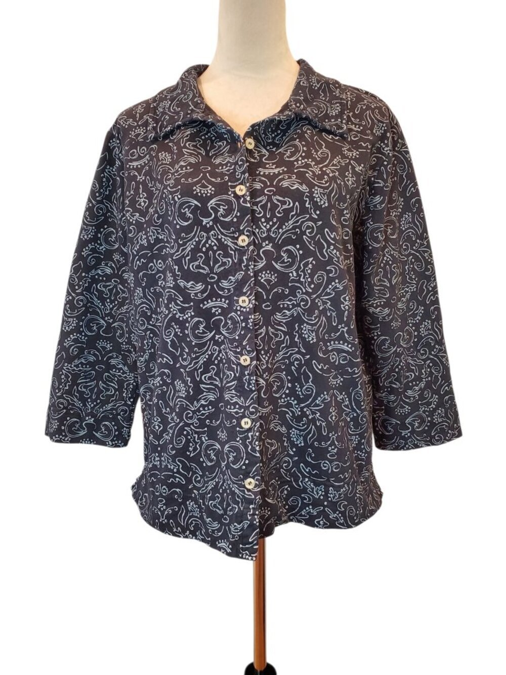 FRESH PRODUCE Button Front Top Black Scroll Print 3/4 Sleeve 100% Cotton